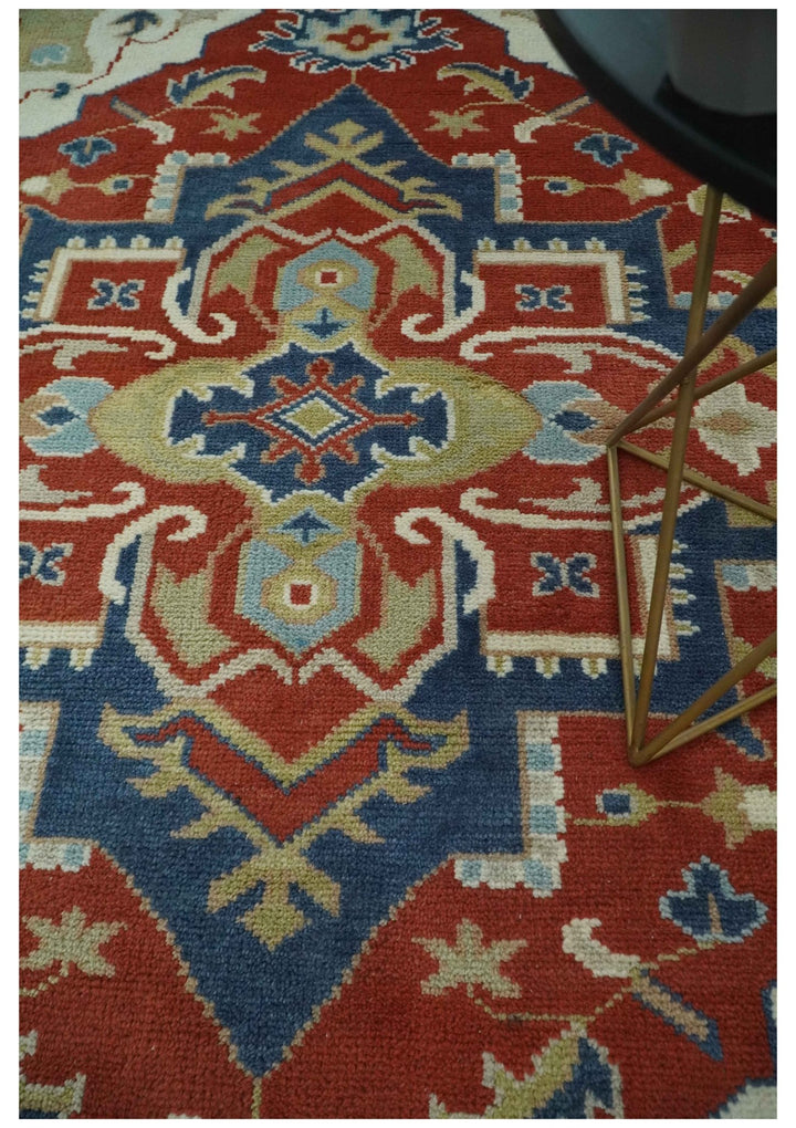 Custom Made Brown, Blue, Ivory and Olive Traditional Heriz Medallion Wool Area Rug - The Rug Decor