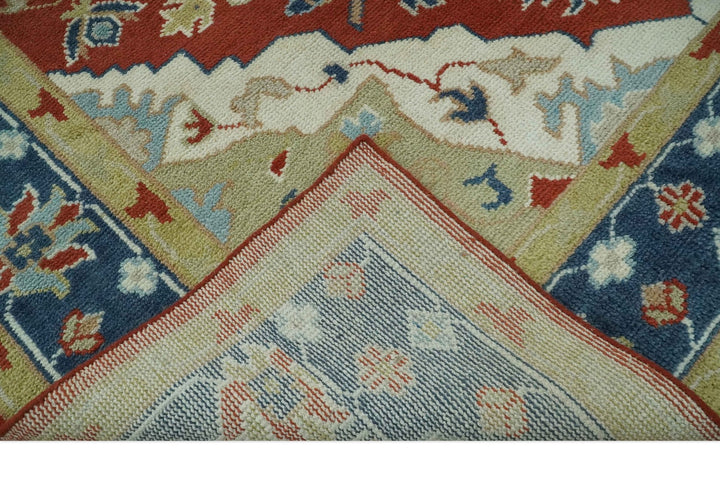 Custom Made Brown, Blue, Ivory and Olive Traditional Heriz Medallion Wool Area Rug - The Rug Decor