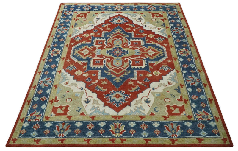 Custom Made Brown, Blue, Ivory and Olive Traditional Heriz Medallion Wool Area Rug - The Rug Decor