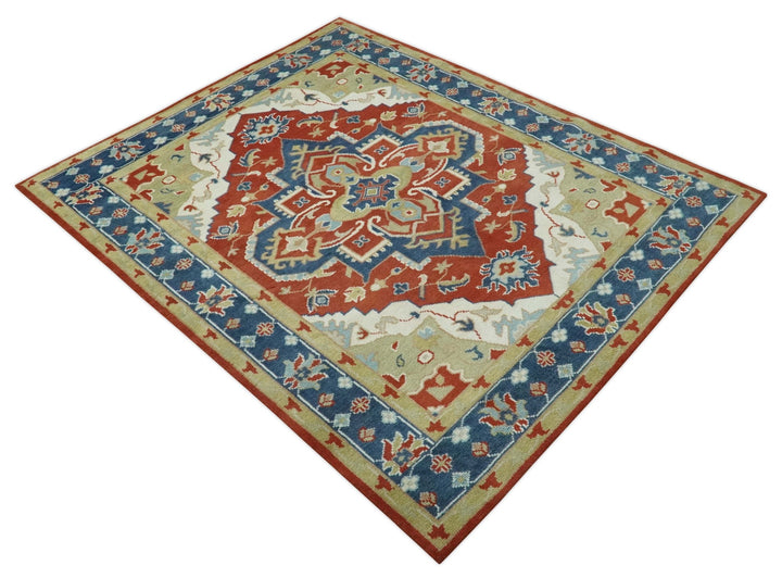 Custom Made Brown, Blue, Ivory and Olive Traditional Heriz Medallion Wool Area Rug - The Rug Decor