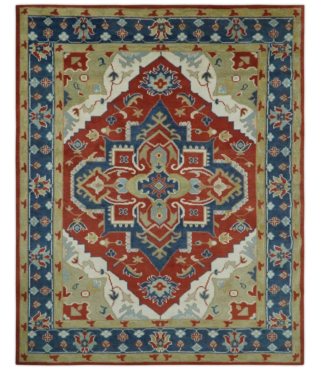 Custom Made Brown, Blue, Ivory and Olive Traditional Heriz Medallion Wool Area Rug - The Rug Decor