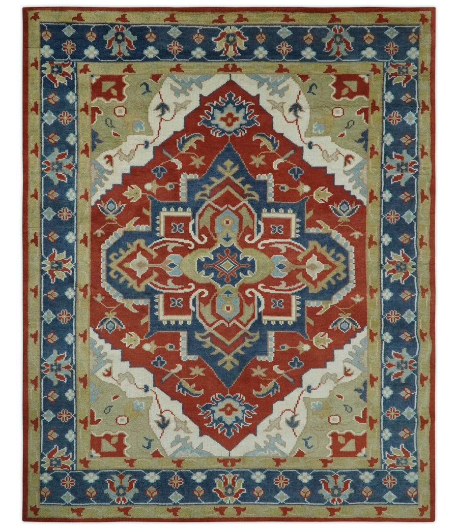 Custom Made Brown, Blue, Ivory and Olive Traditional Heriz Medallion Wool Area Rug - The Rug Decor