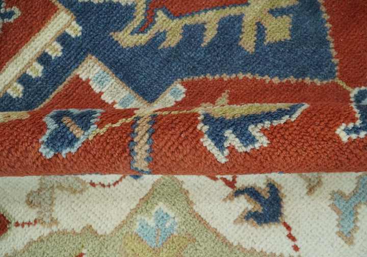 Custom Made Brown, Blue, Ivory and Olive Traditional Heriz Medallion Wool Area Rug - The Rug Decor