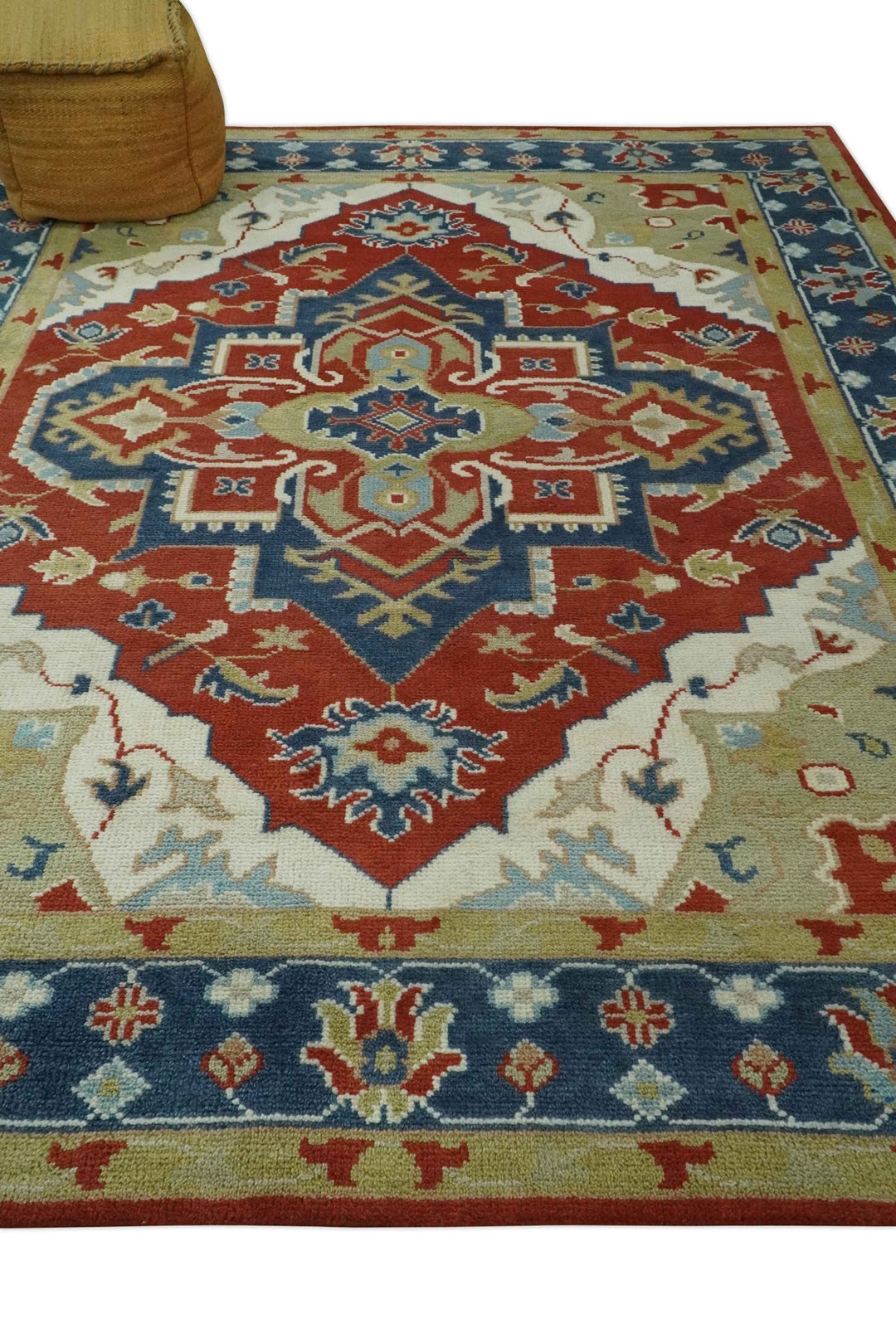 Custom Made Brown, Blue, Ivory and Olive Traditional Heriz Medallion Wool Area Rug - The Rug Decor