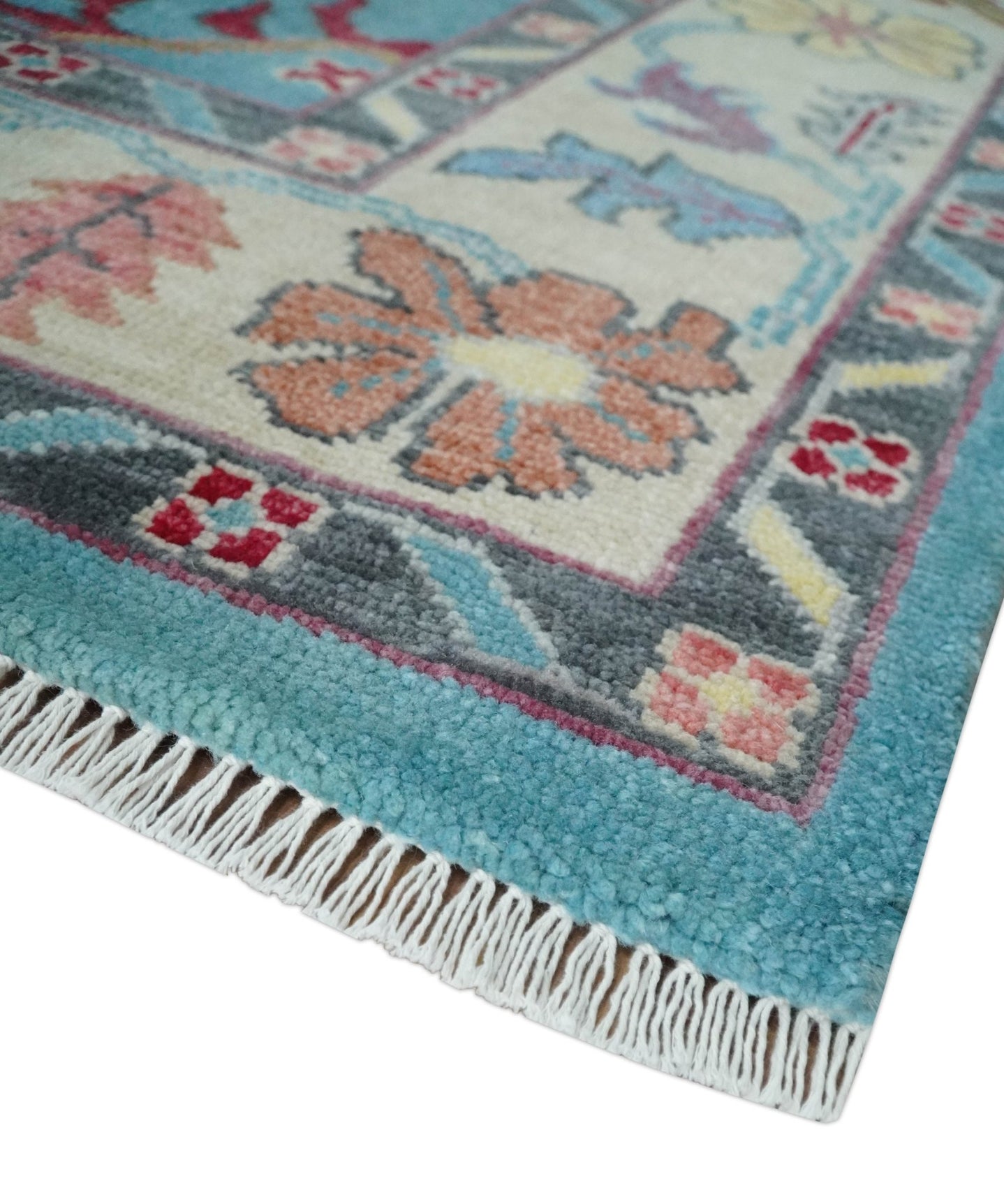 Custom Made Colorful Blue and Beige Hand knotted Traditional Oushak wool Area Rug - The Rug Decor