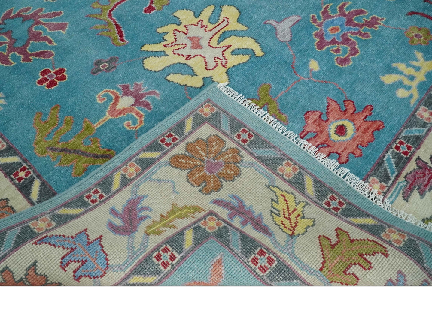 Custom Made Colorful Blue and Beige Hand knotted Traditional Oushak wool Area Rug - The Rug Decor
