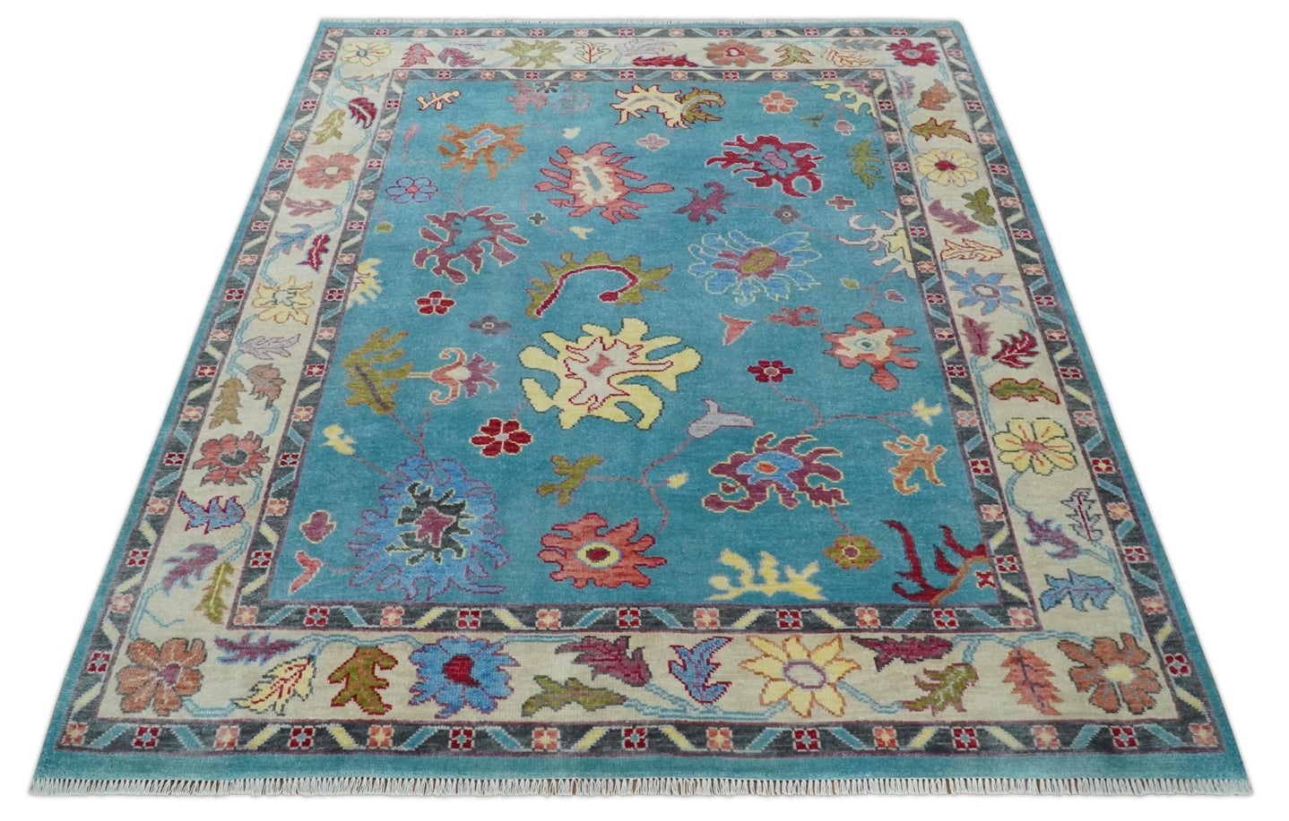 Custom Made Colorful Blue and Beige Hand knotted Traditional Oushak wool Area Rug - The Rug Decor