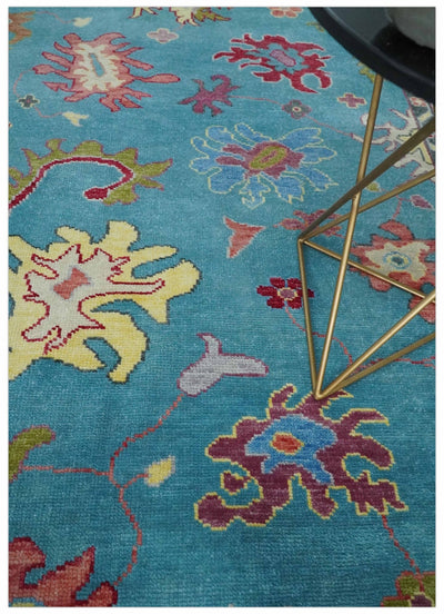 Custom Made Colorful Blue and Beige Hand knotted Traditional Oushak wool Area Rug - The Rug Decor