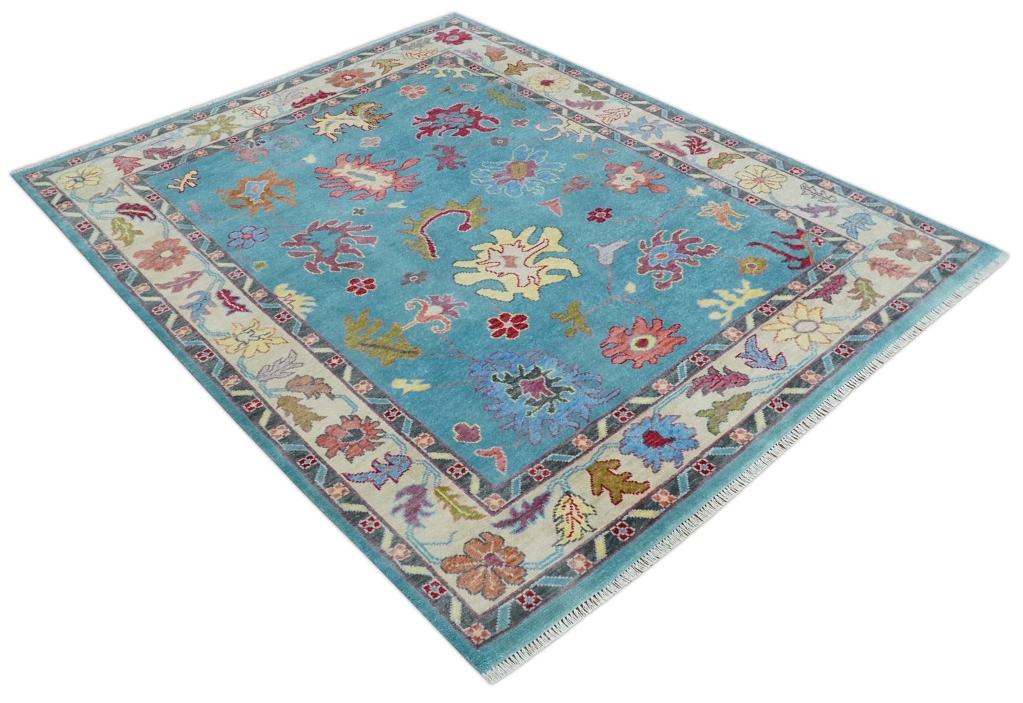 Custom Made Colorful Blue and Beige Hand knotted Traditional Oushak wool Area Rug - The Rug Decor