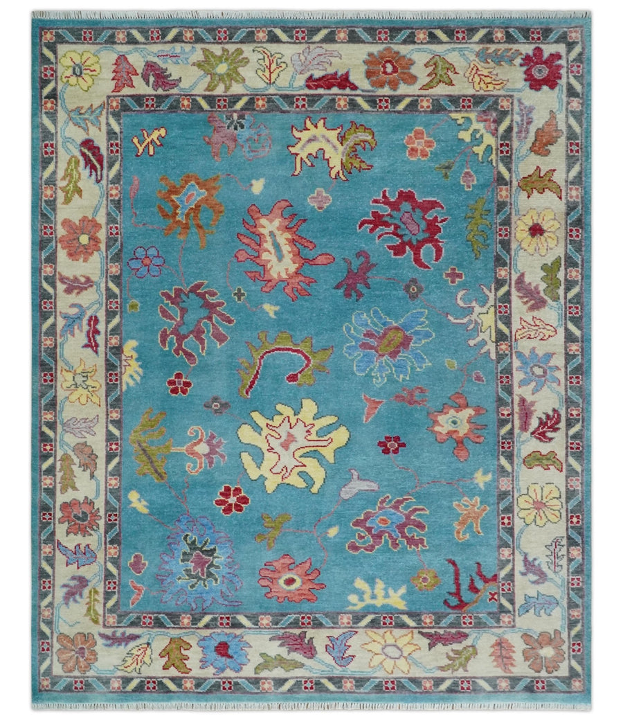 Custom Made Colorful Blue and Beige Hand knotted Traditional Oushak wool Area Rug - The Rug Decor