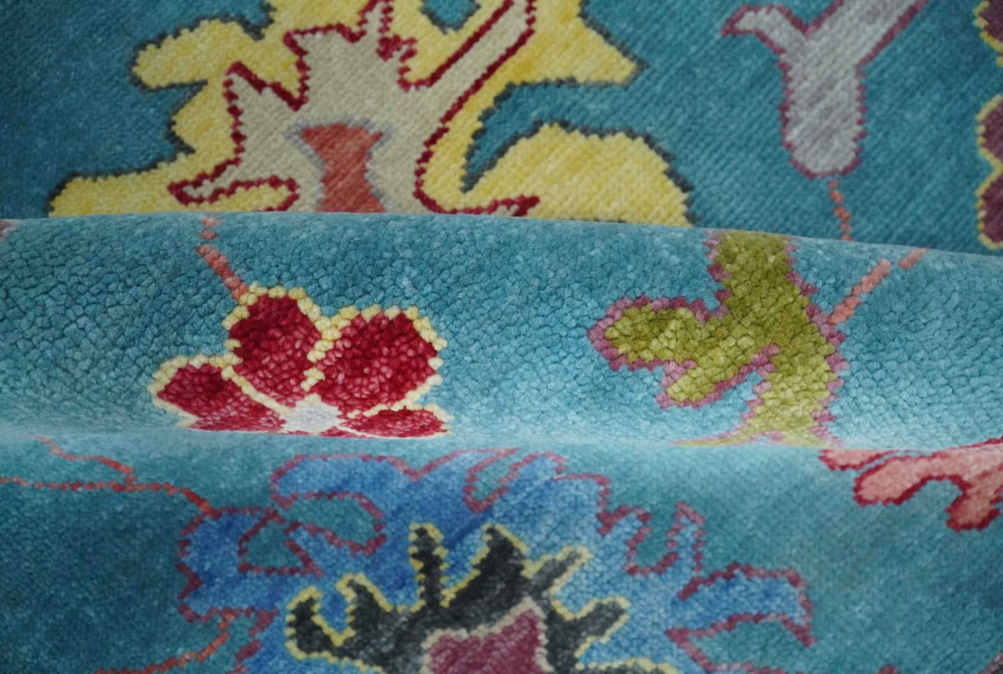 Custom Made Colorful Blue and Beige Hand knotted Traditional Oushak wool Area Rug - The Rug Decor