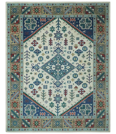 Custom Made Colorful Ivory, Blue, Brown and Teal Hand Knotted Traditional Heriz size wool Area Rug - The Rug Decor