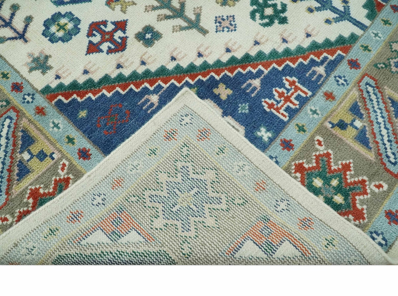 Custom Made Colorful Ivory, Blue, Brown and Teal Hand Knotted Traditional Heriz size wool Area Rug - The Rug Decor