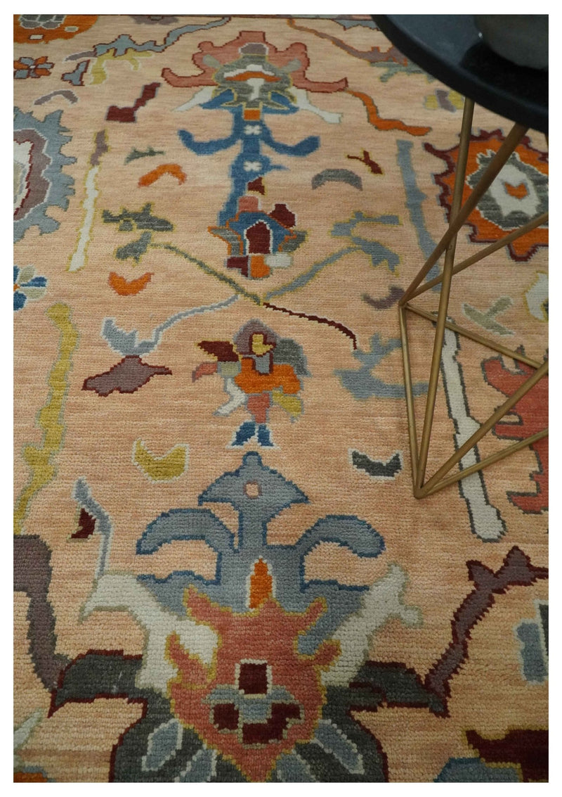 Custom Made Colorful Peach and Green Hand knotted Oushak wool Area Rug - The Rug Decor