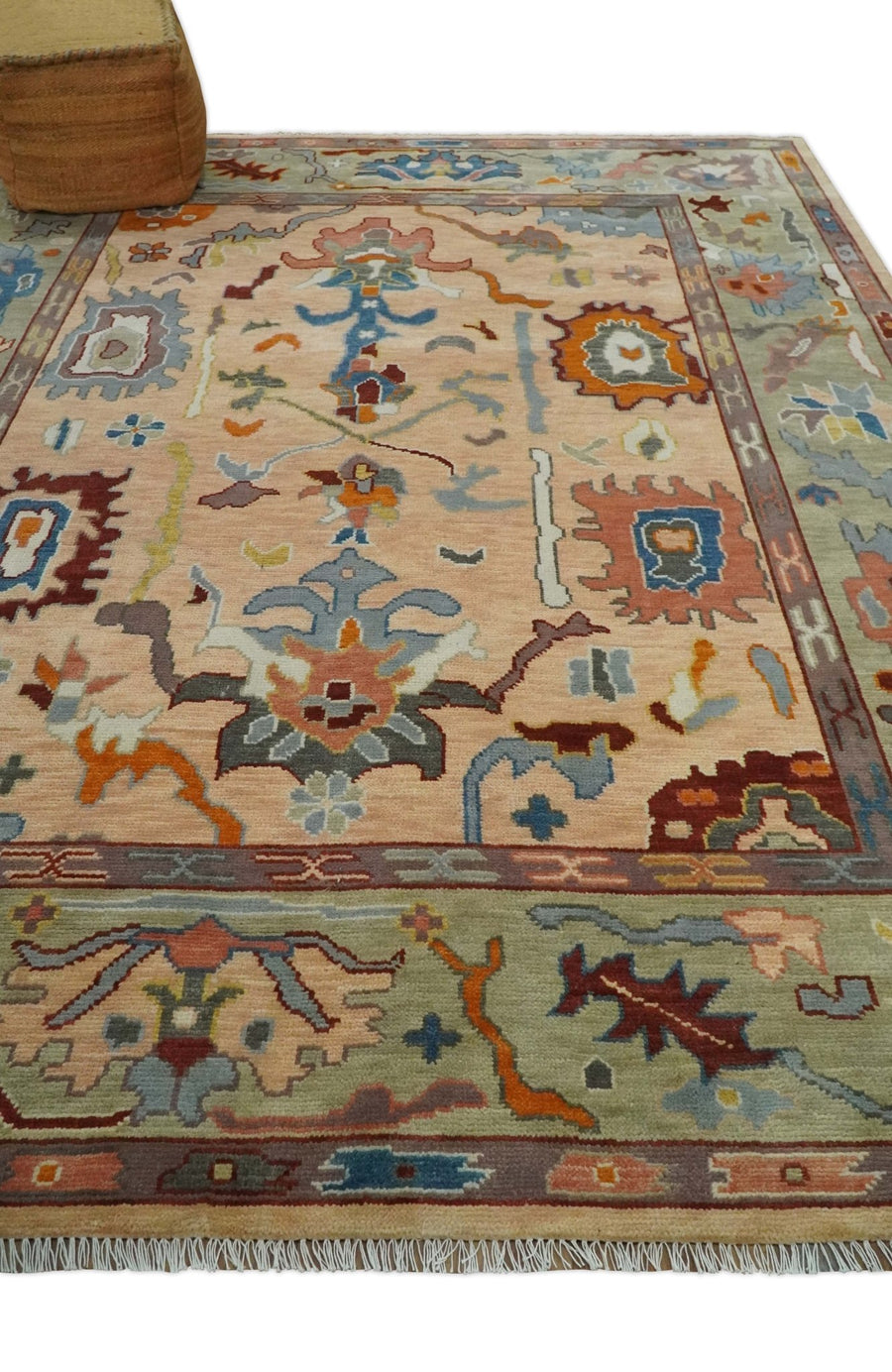 Vibrant Colorful Peach and Green Hand knotted Oushak wool Area Rug