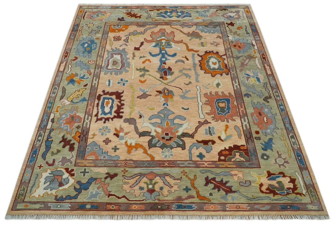 Custom Made Colorful Peach and Green Hand knotted Oushak wool Area Rug - The Rug Decor