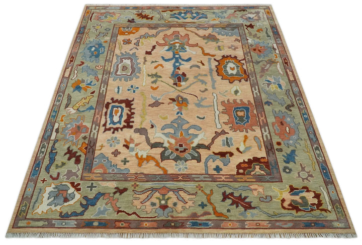 Custom Made Colorful Peach and Green Hand knotted Oushak wool Area Rug - The Rug Decor