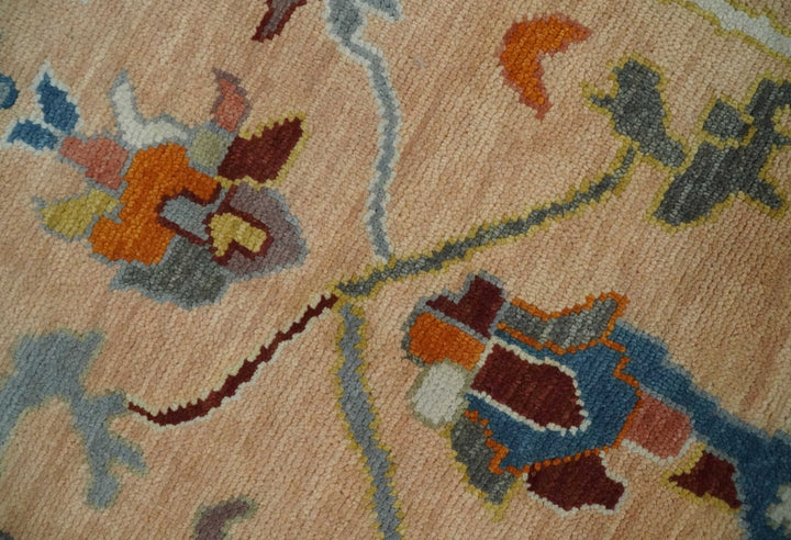 Custom Made Colorful Peach and Green Hand knotted Oushak wool Area Rug - The Rug Decor
