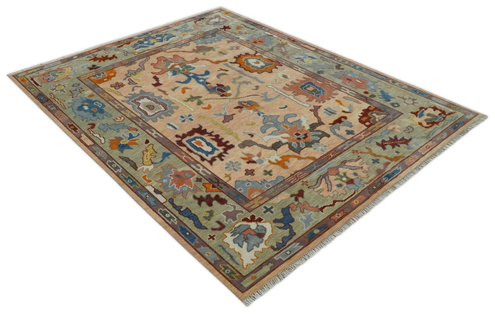 Custom Made Colorful Peach and Green Hand knotted Oushak wool Area Rug - The Rug Decor