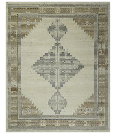Custom Made Earthy Hand Knotted Ivory, Charcoal and Beige Wool Area Rug - The Rug Decor