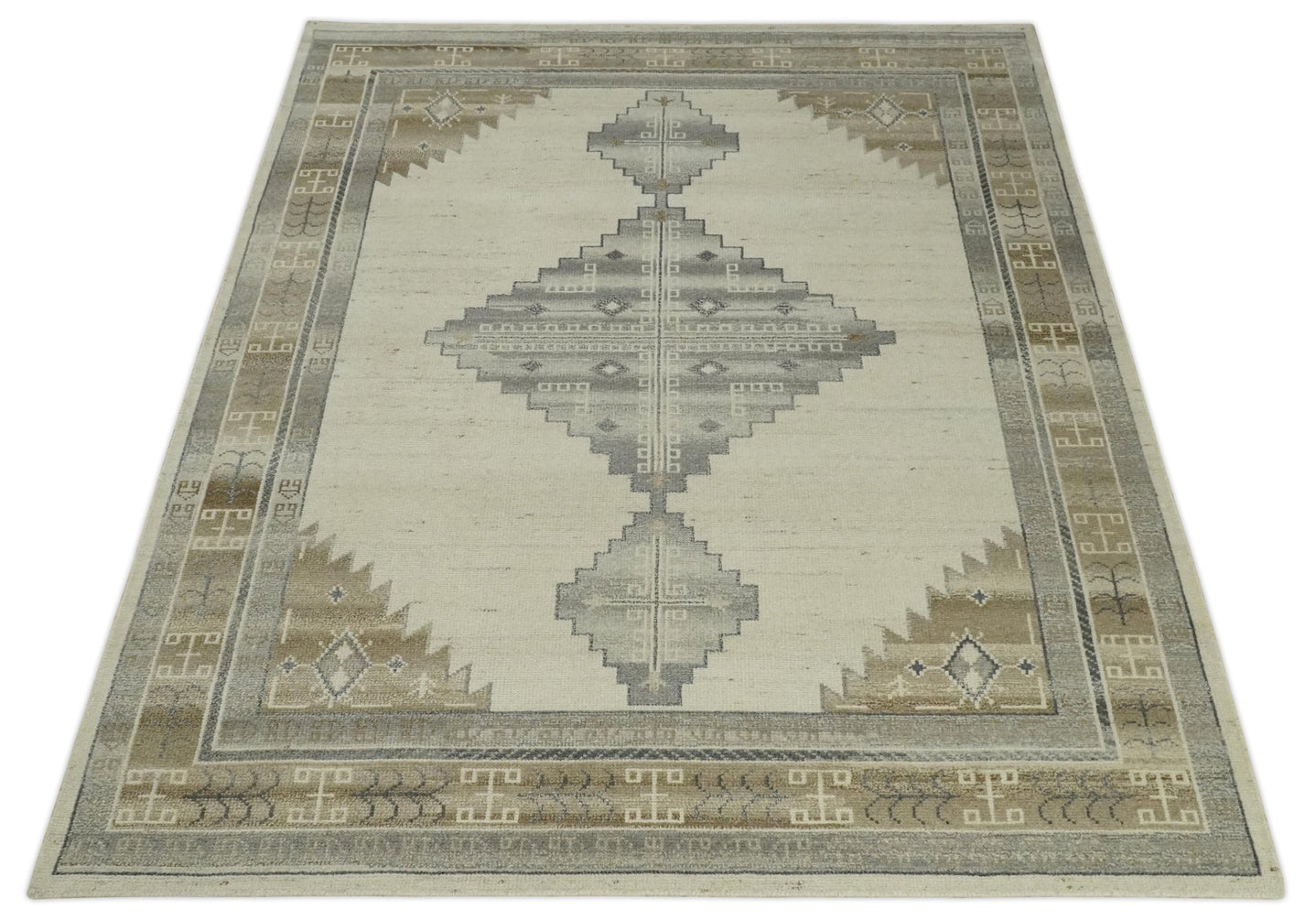 Custom Made Earthy Hand Knotted Ivory, Charcoal and Beige Wool Area Rug - The Rug Decor