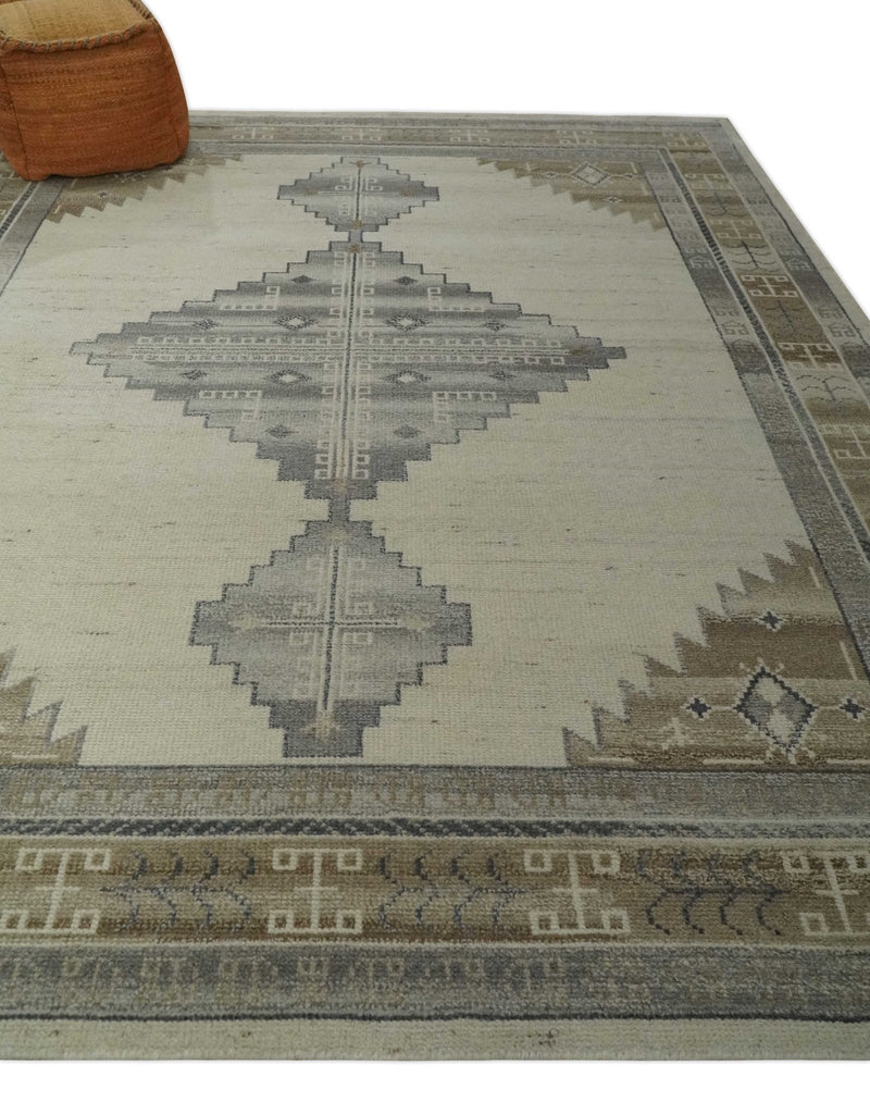 Custom Made Earthy Hand Knotted Ivory, Charcoal and Beige Wool Area Rug - The Rug Decor