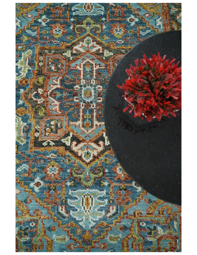 Custom Made Eclectic 8x10 Wool Traditional Persian Blue and Brown Vibrant Colorful Hand knotted SerapiArea Rug | TRDCP191 - The Rug Decor