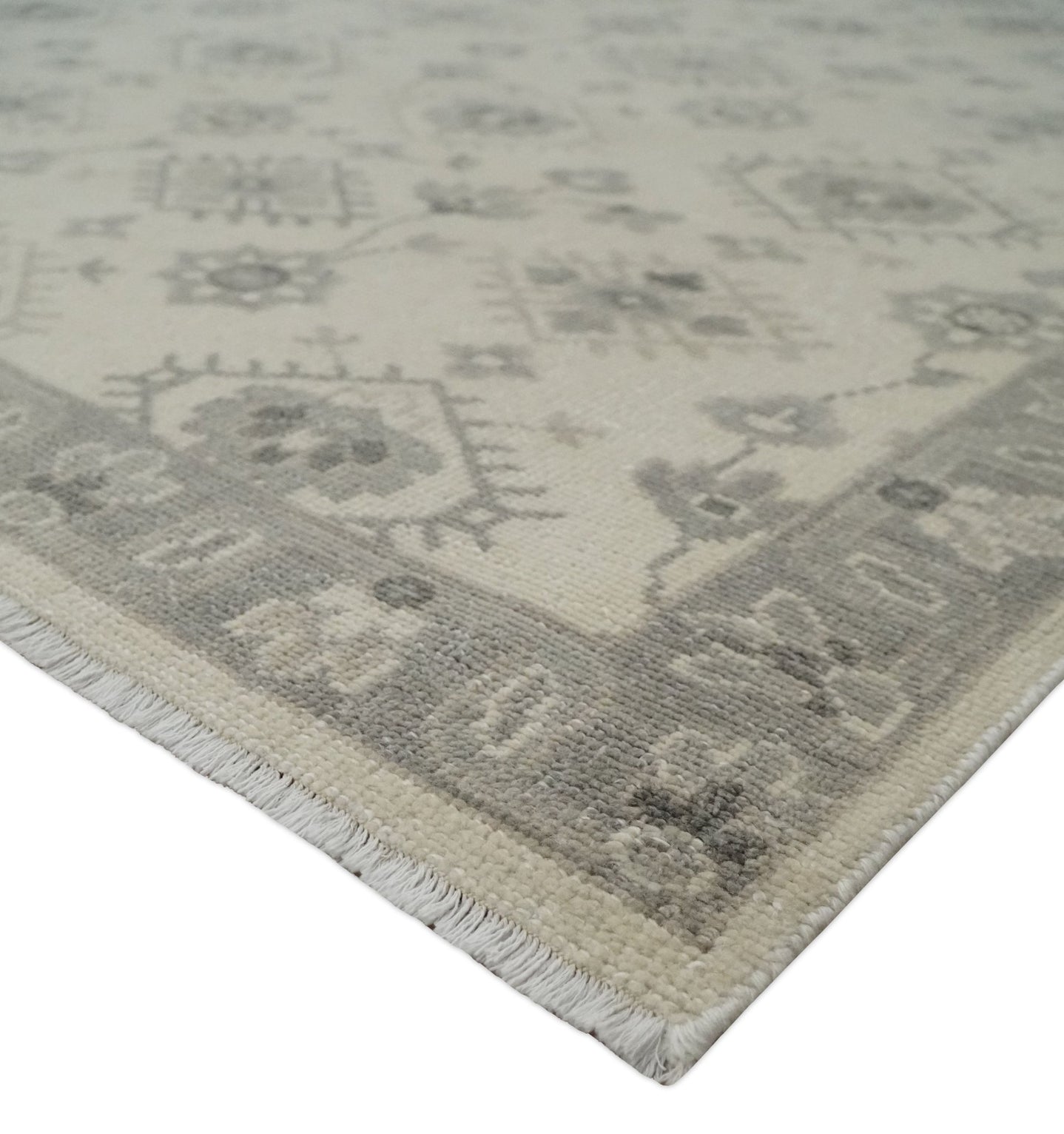 Custom Made Fine Hand Knotted Ivory and Charcoal Style Hand knotted Wool Area Rug - The Rug Decor