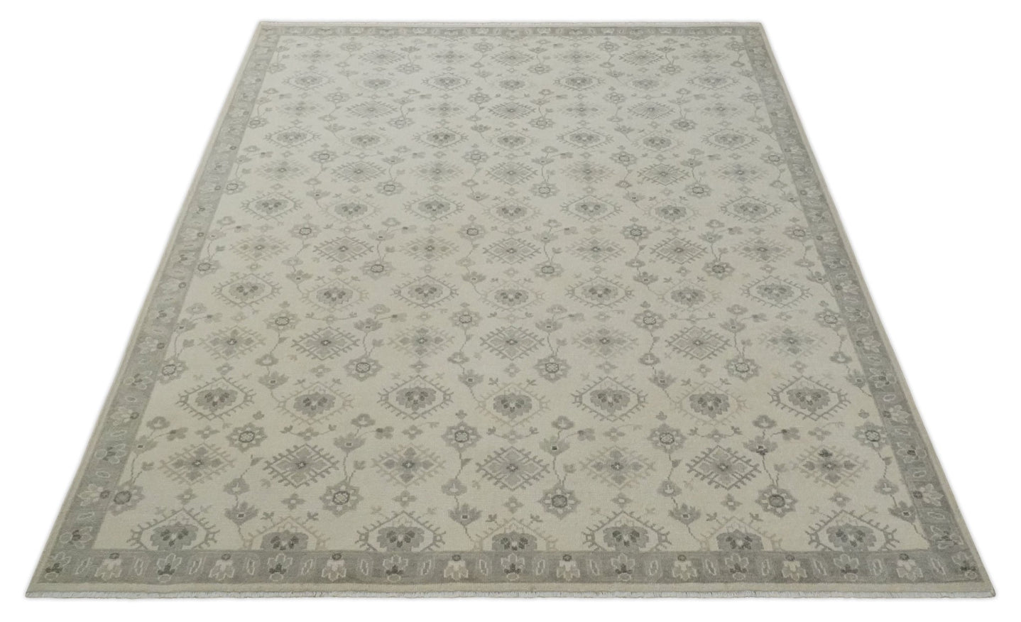 Custom Made Fine Hand Knotted Ivory and Charcoal Style Hand knotted Wool Area Rug - The Rug Decor