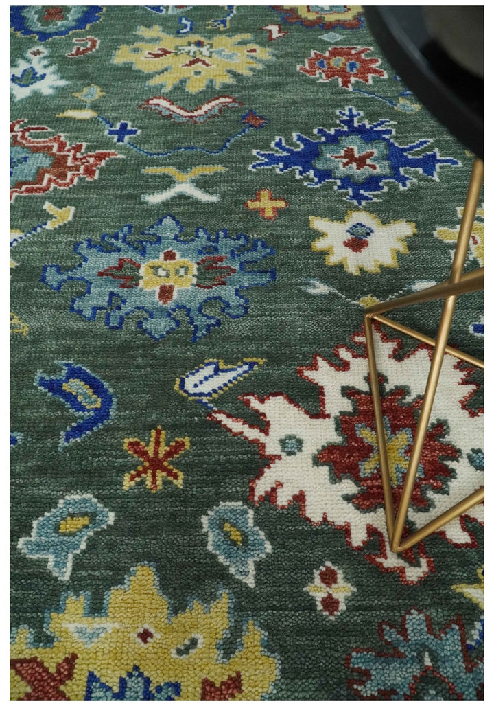 Custom Made Green and Ivory Colorful Hand knotted Traditional Oushak wool Area Rug - The Rug Decor