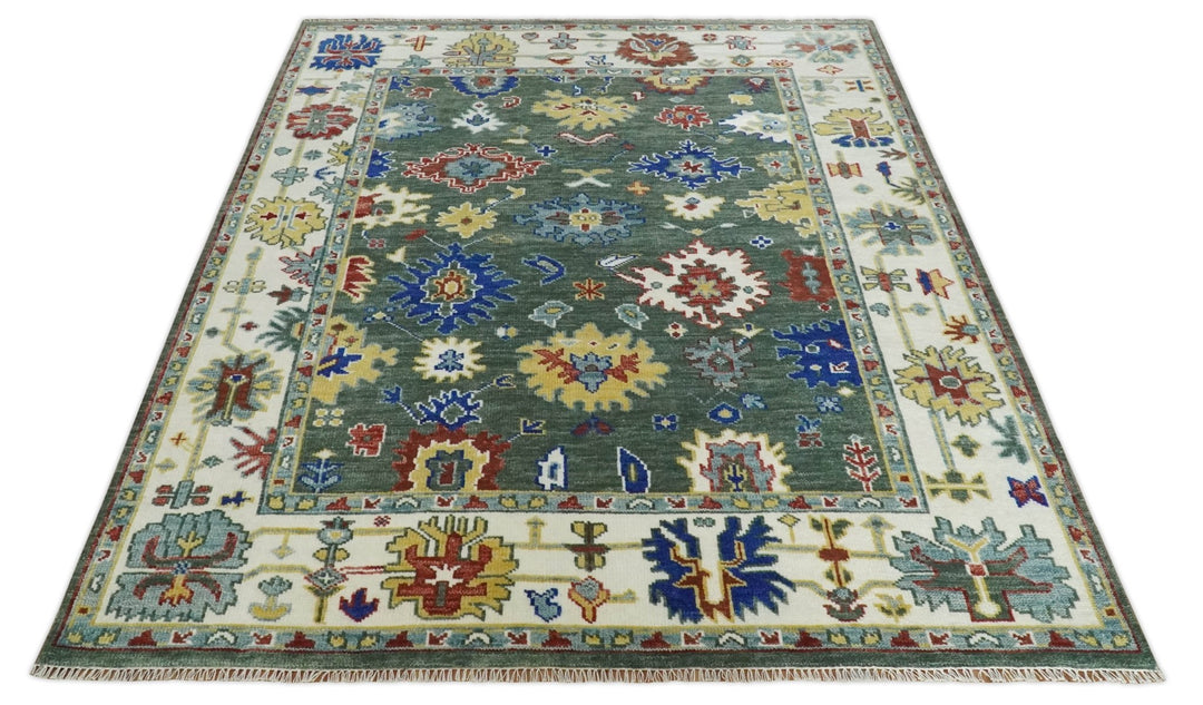 Custom Made Green and Ivory Colorful Hand knotted Traditional Oushak wool Area Rug - The Rug Decor