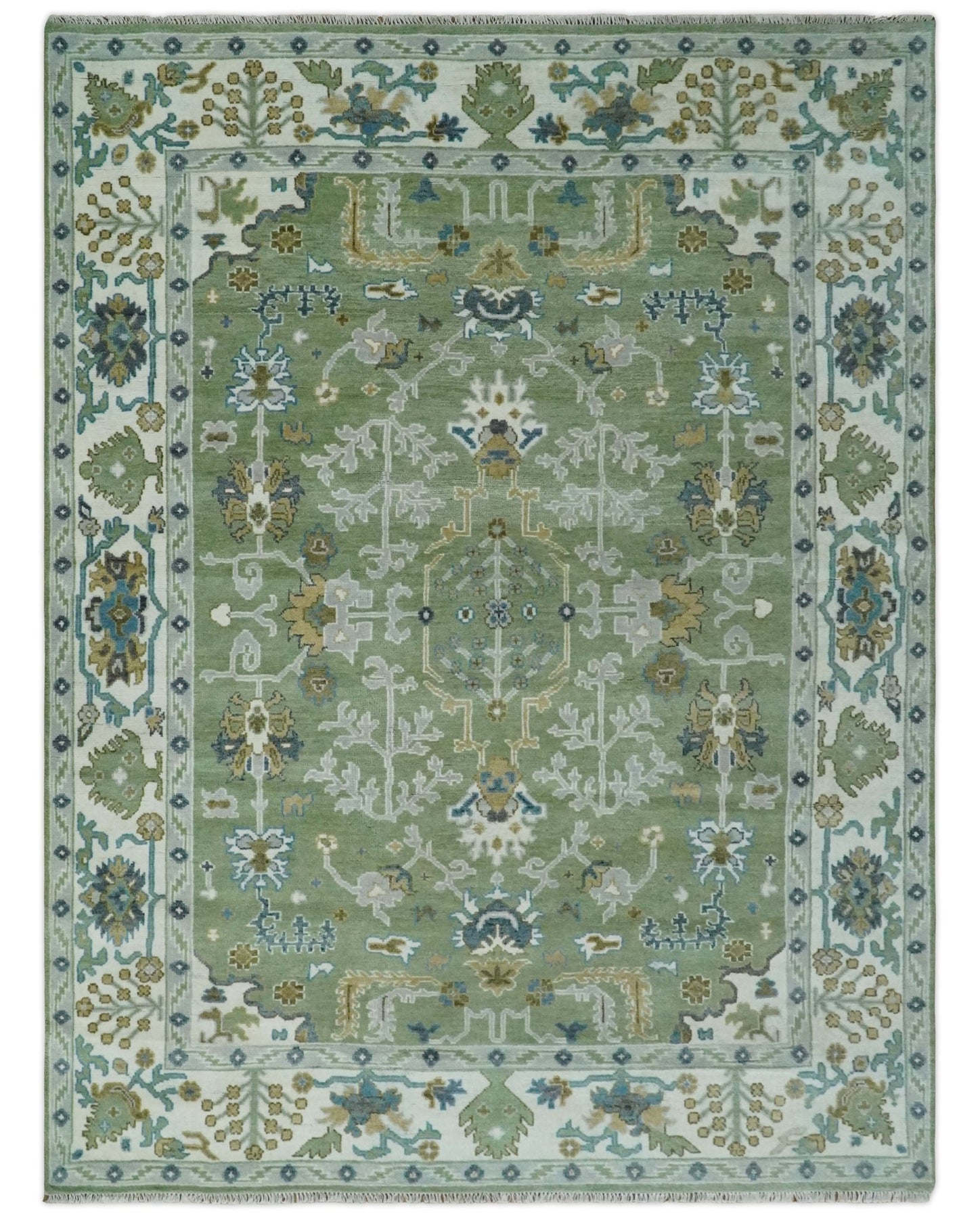 Hand Knotted Green, Ivory and Silver Traditional Turkish Rug – The Rug ...