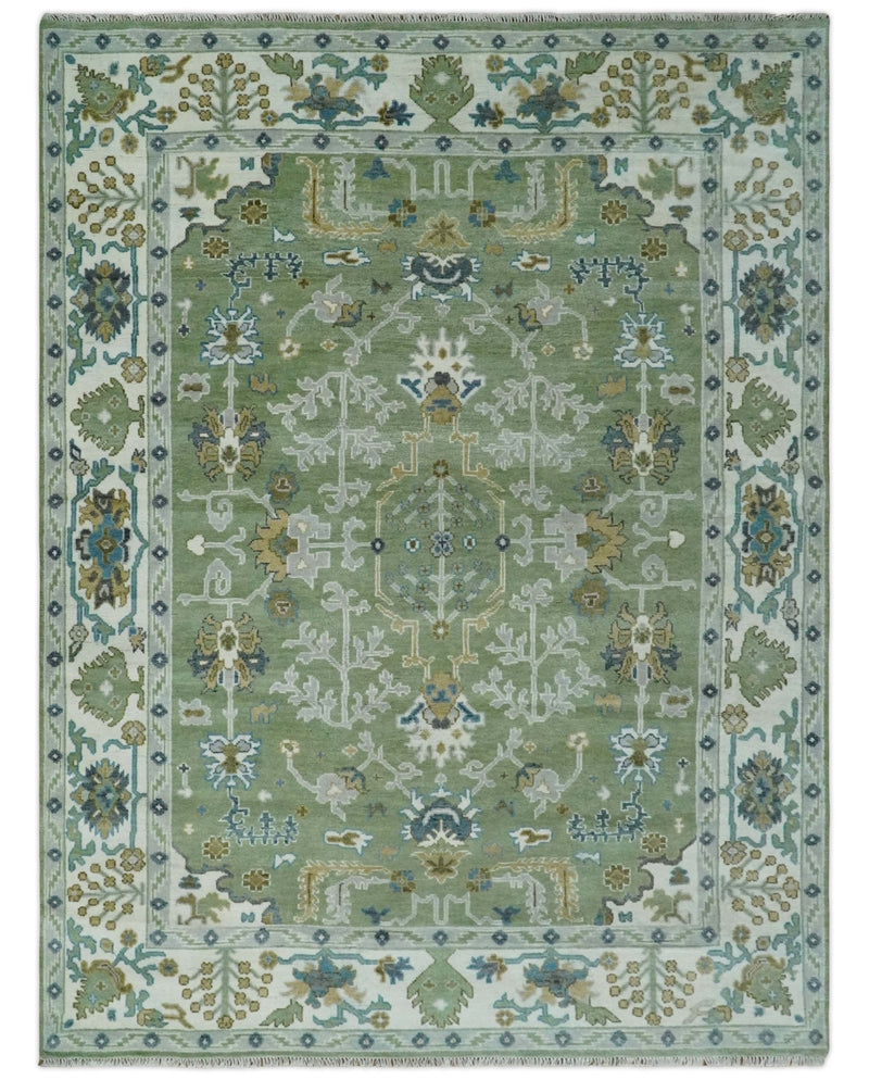 Custom Made Green, Ivory and Silver Traditional Turkish Hand Knotted Wool Rug - The Rug Decor