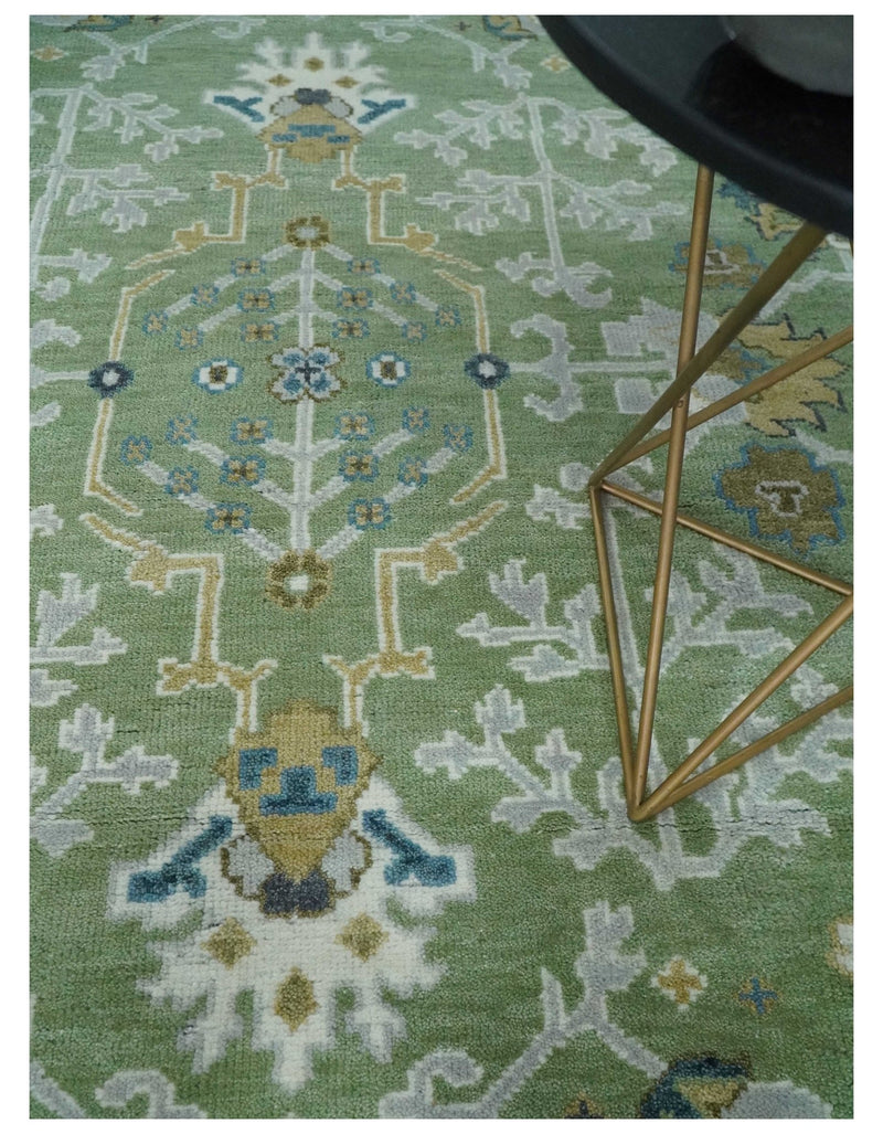 Custom Made Green, Ivory and Silver Traditional Turkish Hand Knotted Wool Rug - The Rug Decor