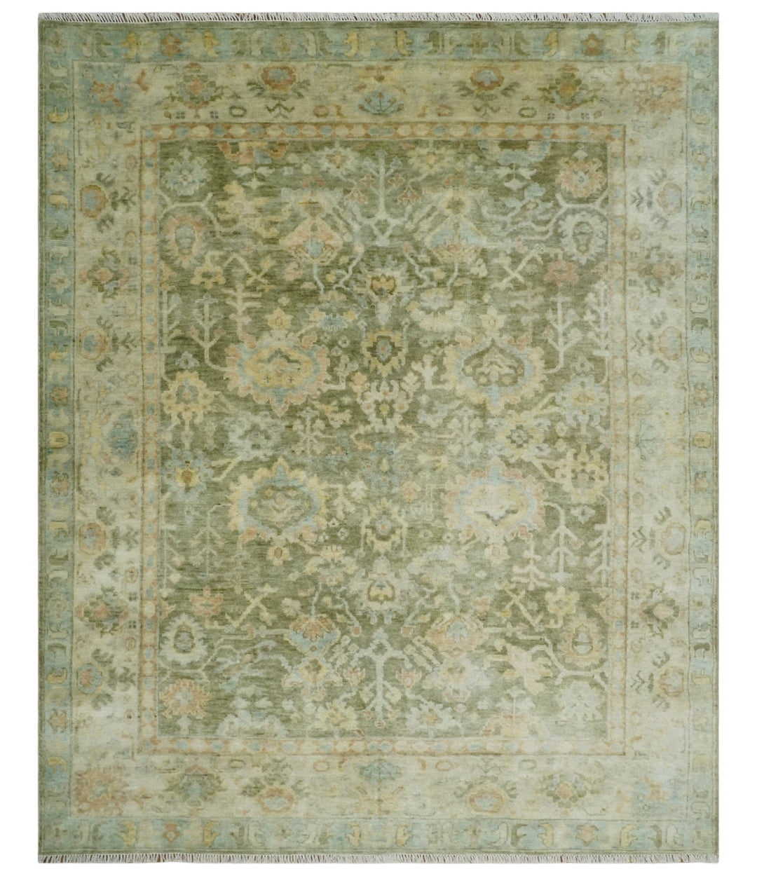 Custom Made Hand Knotted Antique Finish Green, Aqua and Beige Traditional Wool Rug - The Rug Decor