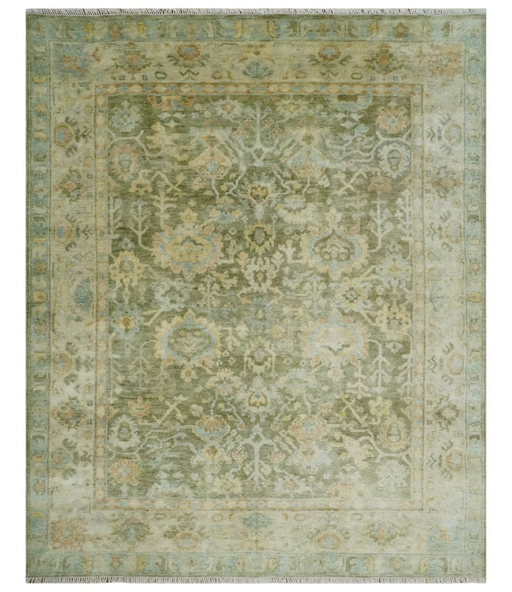 Custom Made Hand Knotted Antique Finish Green, Aqua and Beige Traditional Wool Rug - The Rug Decor
