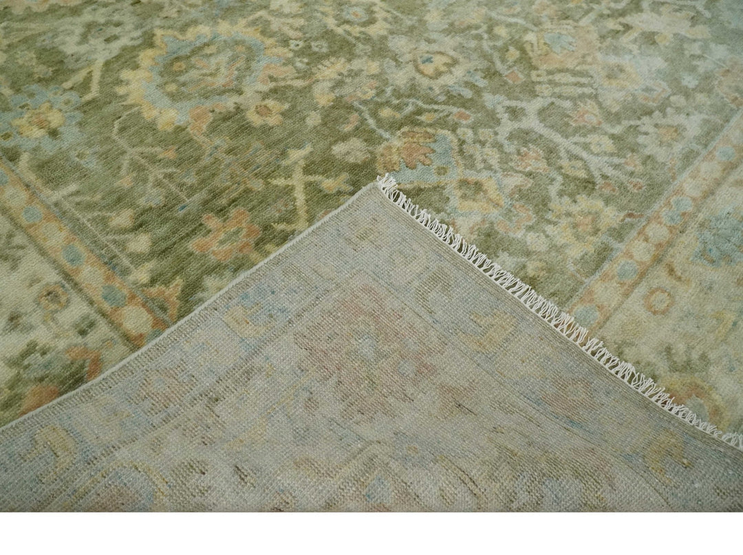 Custom Made Hand Knotted Antique Finish Green, Aqua and Beige Traditional Wool Rug - The Rug Decor