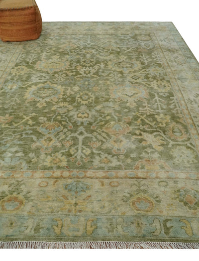 Custom Made Hand Knotted Antique Finish Green, Aqua and Beige Traditional Wool Rug - The Rug Decor