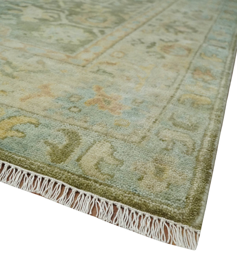 Custom Made Hand Knotted Antique Finish Green, Aqua and Beige Traditional Wool Rug - The Rug Decor
