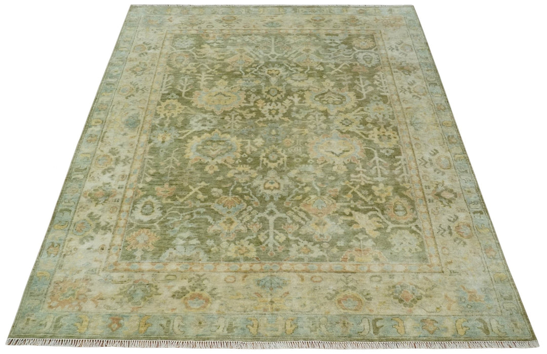 Custom Made Hand Knotted Antique Finish Green, Aqua and Beige Traditional Wool Rug - The Rug Decor