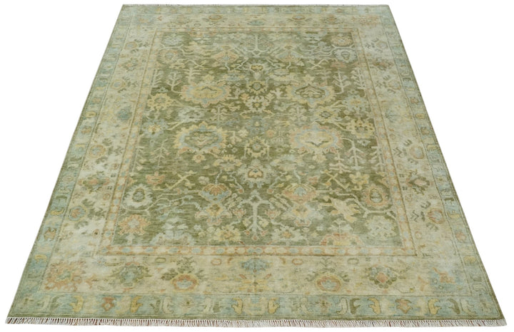 Custom Made Hand Knotted Antique Finish Green, Aqua and Beige Traditional Wool Rug - The Rug Decor