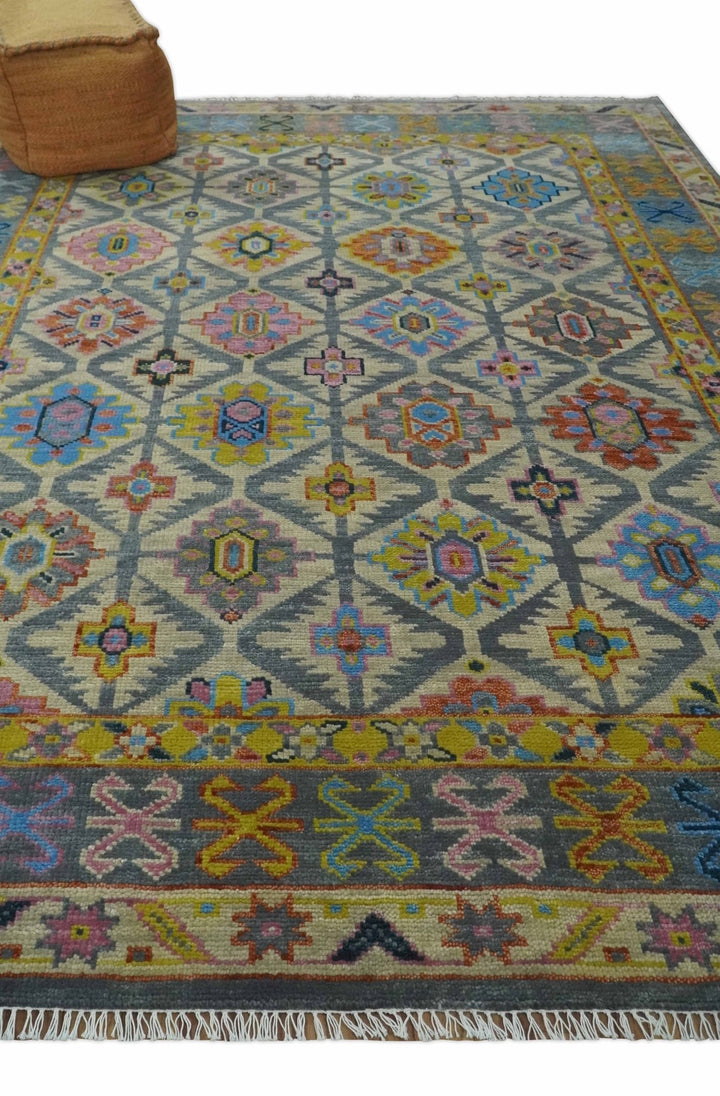 Custom Made Hand Knotted Beige, Gray and Mustard Oriental Multi Size Wool Area Rug - The Rug Decor