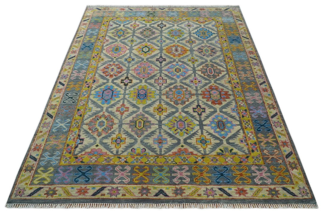 Custom Made Hand Knotted Beige, Gray and Mustard Oriental Multi Size Wool Area Rug - The Rug Decor