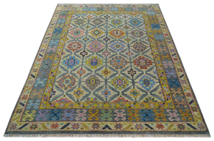 Custom Made Hand Knotted Beige, Gray and Mustard Oriental Multi Size Wool Area Rug - The Rug Decor