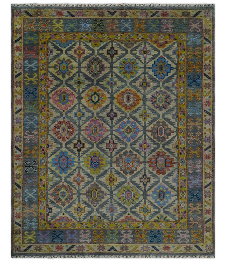 Custom Made Hand Knotted Beige, Gray and Mustard Oriental Multi Size Wool Area Rug - The Rug Decor