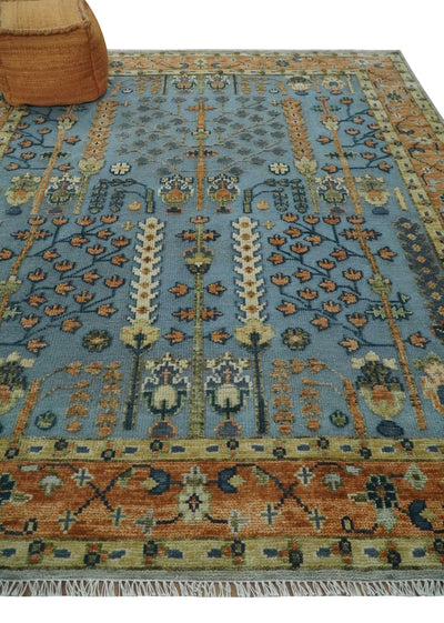 Custom Made Hand Knotted Blue and Rust Tree Design Low pile Wool Area Rug - The Rug Decor