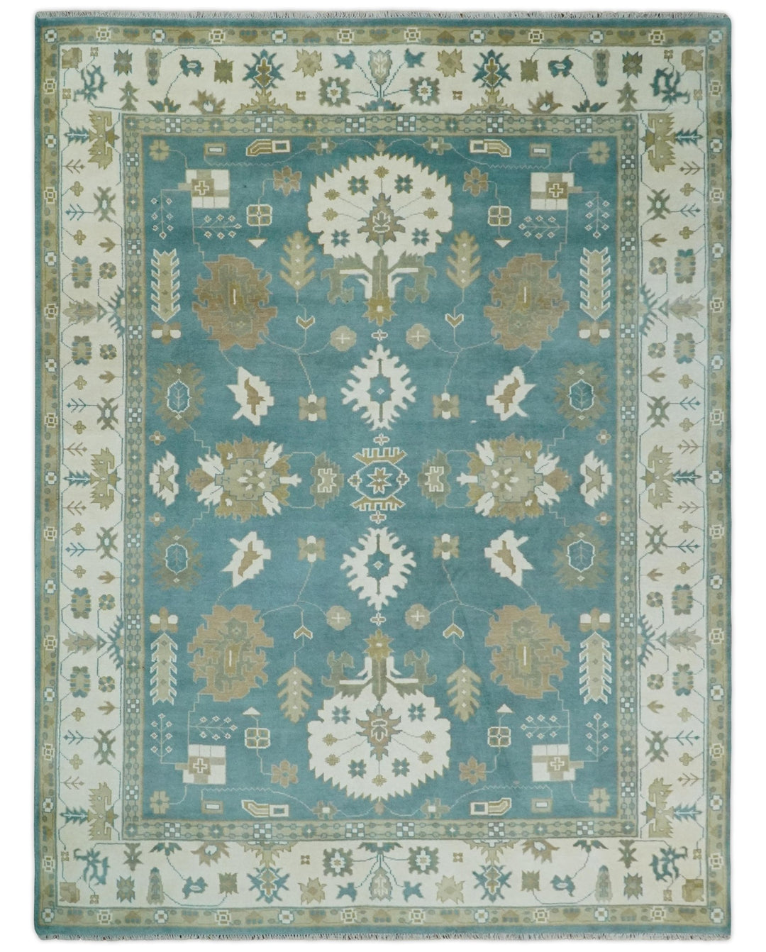 Custom Made Hand Knotted Blue, Ivory and Beige Traditional Oushak Wool Rug - The Rug Decor