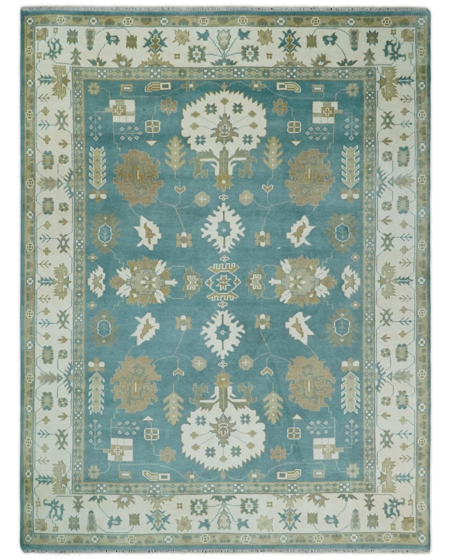 Custom Made Hand Knotted Blue, Ivory and Beige Traditional Oushak Wool Rug - The Rug Decor