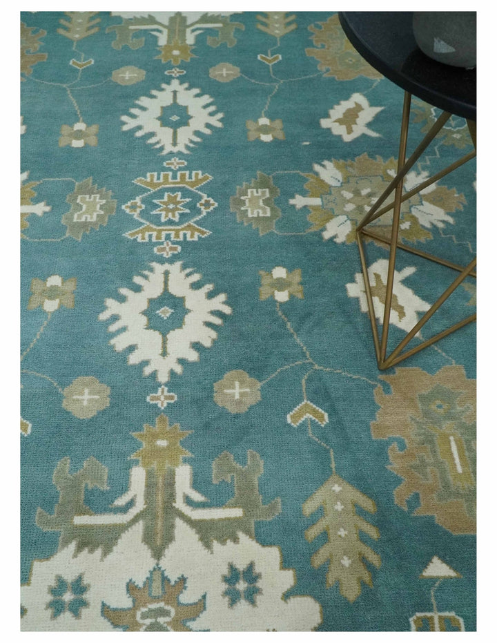 Custom Made Hand Knotted Blue, Ivory and Beige Traditional Oushak Wool Rug - The Rug Decor