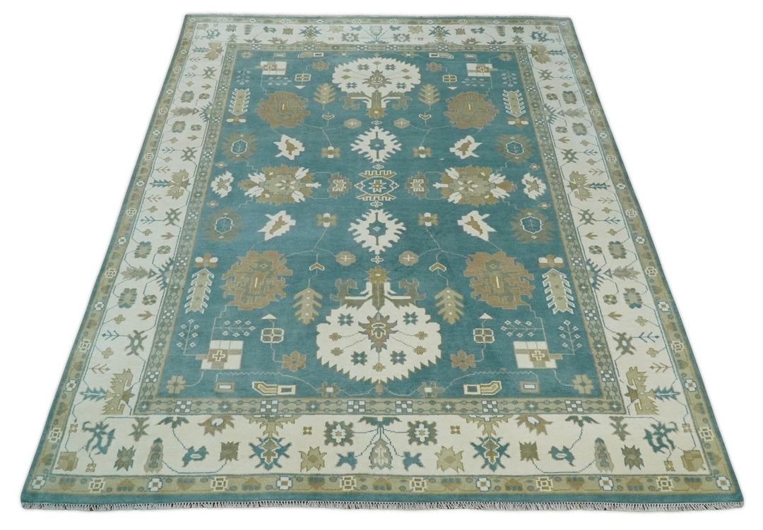 Custom Made Hand Knotted Blue, Ivory and Beige Traditional Oushak Wool Rug - The Rug Decor